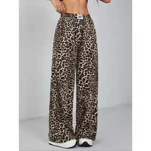 Women's leopard patch pocket design wide leg pants, casual elastic pants, suitable for daily wear, suitable for all seasons of women's underwear Cheetah pants girls original, women's clothing, Bohemian underwear, casual fashion ant