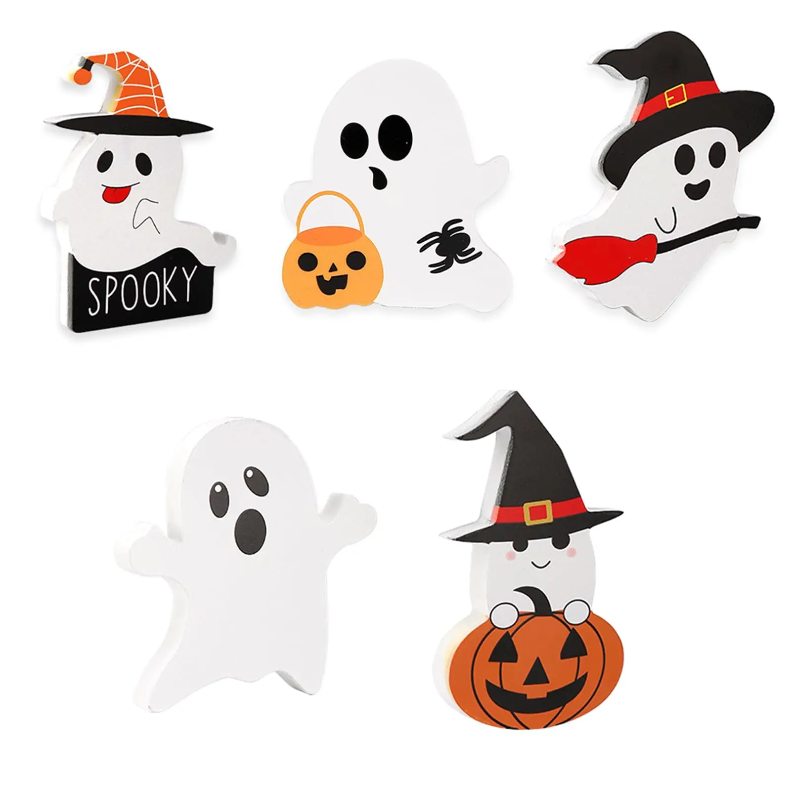 5-Piece Cute Ghost PVC Halloween Decorative Ornaments Set - Wooden Tiered Tray Table Sign with Spooky Owl, Spider, Witch Broom, Pumpkin Blocks for House, Office/Home Shelf Display Collectibles, Party