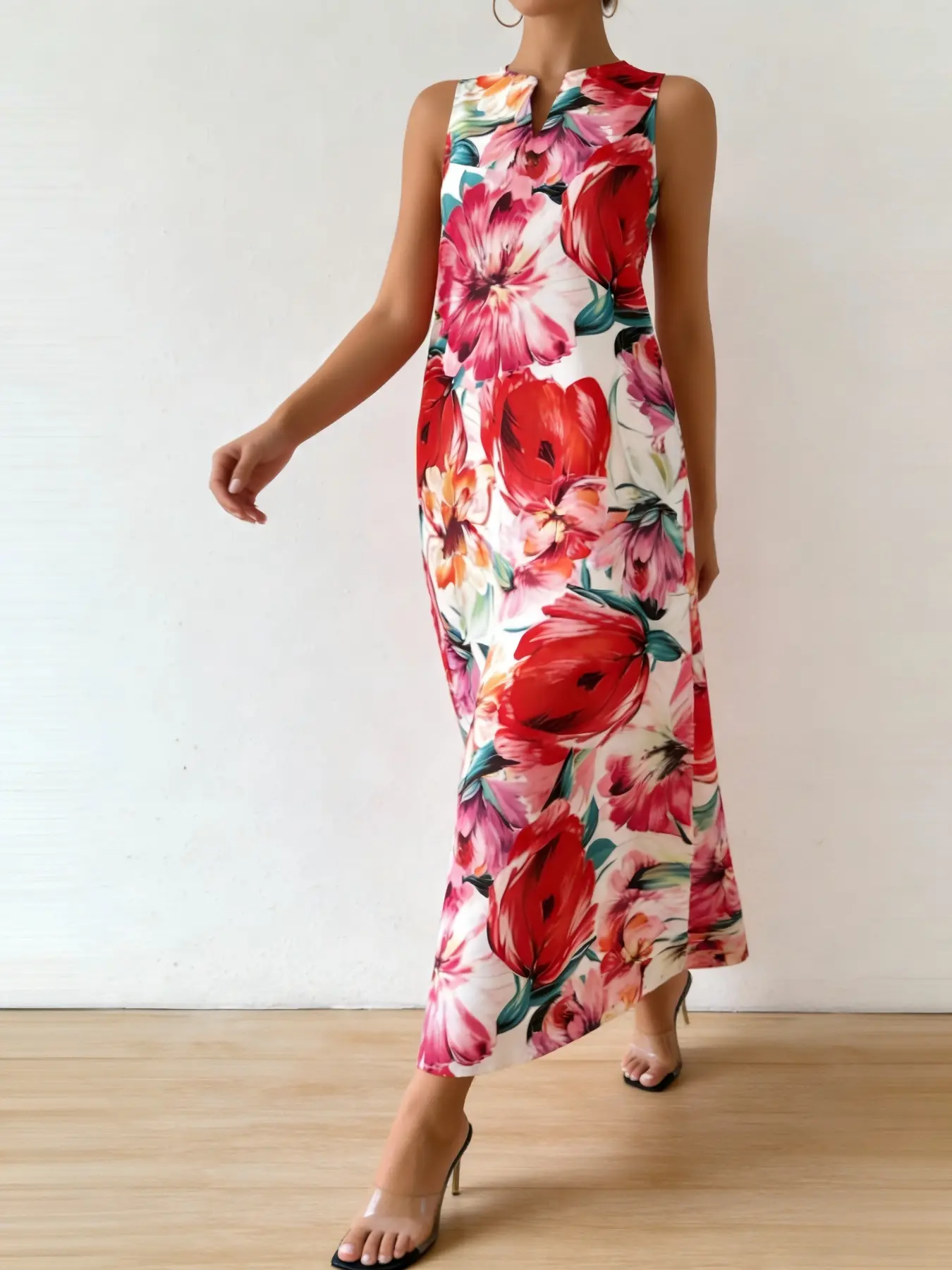 A sleeveless long loose dress, Casual Dress, Boho Dresses, for women with a small V-neck, featuring red and pink floral prints on a white background, perfect for summer garden afternoon tea or a city rooftop restaurant date