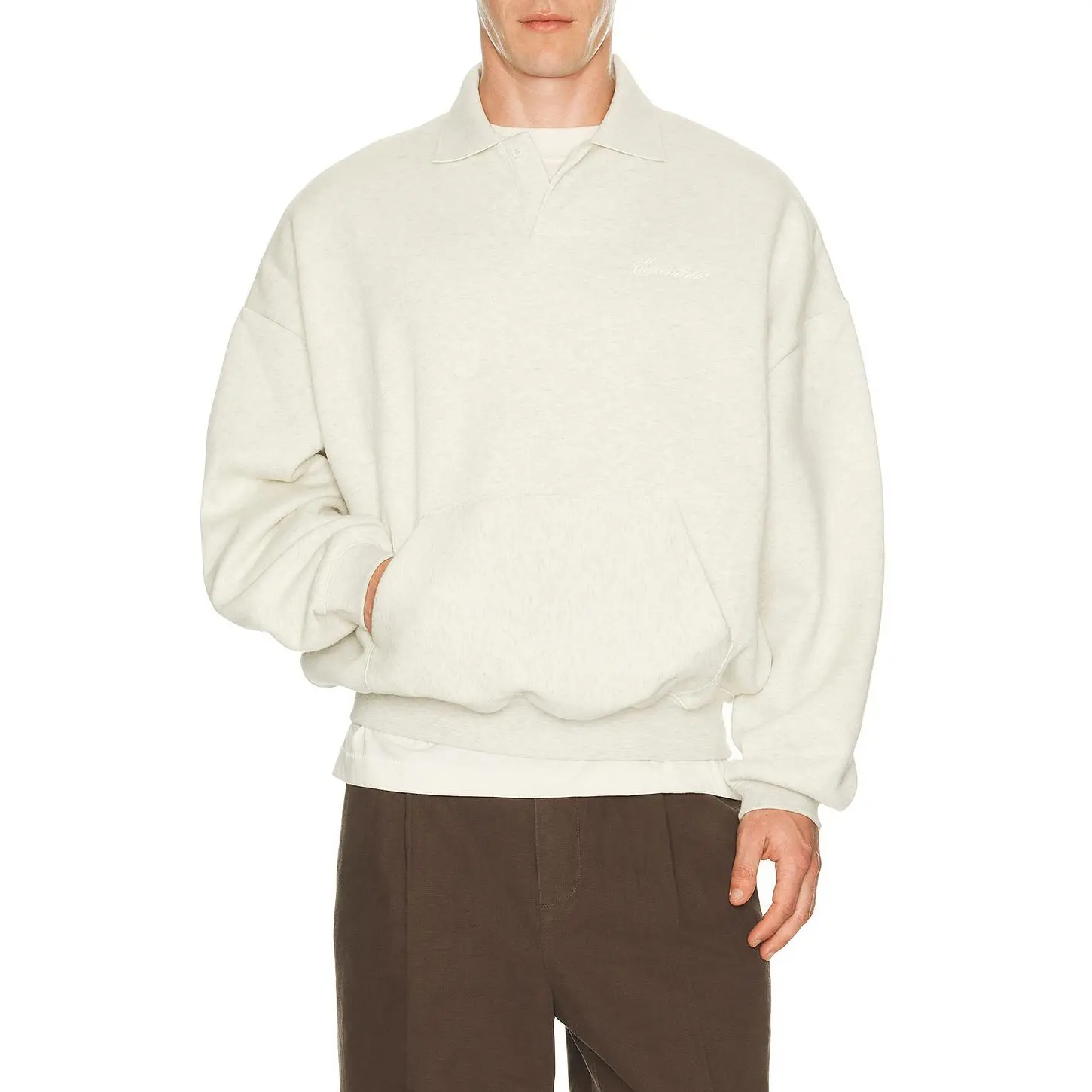 Fear of God ESSENTIALS Signature 90's Polo Sweatshirt in Oatmeal Heather & Light Heather
