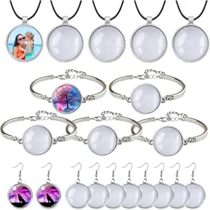 Pendant Trays Set with Cabochon Glass, Round Pendant Bezel Blank Trays, Bracelet Bangles Earrings Hooks Blanks for DIY Photo Cameo  Crfats Making