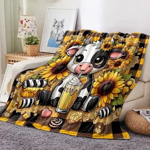 Cartoon Cow & Sunflower Pattern Blanket, Soft Comfortable Throw Blanket, Air-conditioned Room Blanket, Warm Nap Blanket, Food Themed Blanket for Home Office Travel