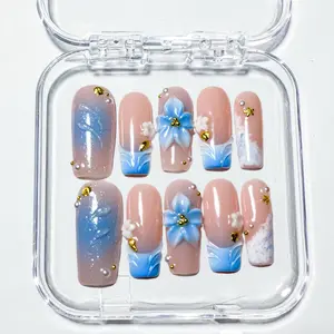 NailBee 3D Blue Lily Press On Nails - Nude French Tip with Gold Pearls, Nail Inspo, Lazy Nail Method