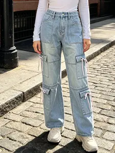 Muslim Women's Light Blue Jeans, Sweet Bow Wide Leg Pants, Multi-Pocket Workwear, All Season, Casual, Fashionable, Versatile, Non-Elastic Fabric