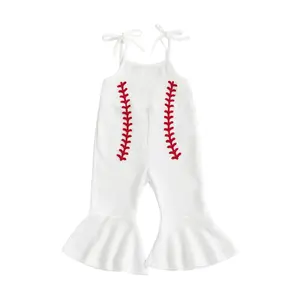 Toddler Baby Girls Jumpsuits Baseball Embroidery Sleeveless Bell-Bottom Overalls Jumpsuit  Clothing 6M-4Y