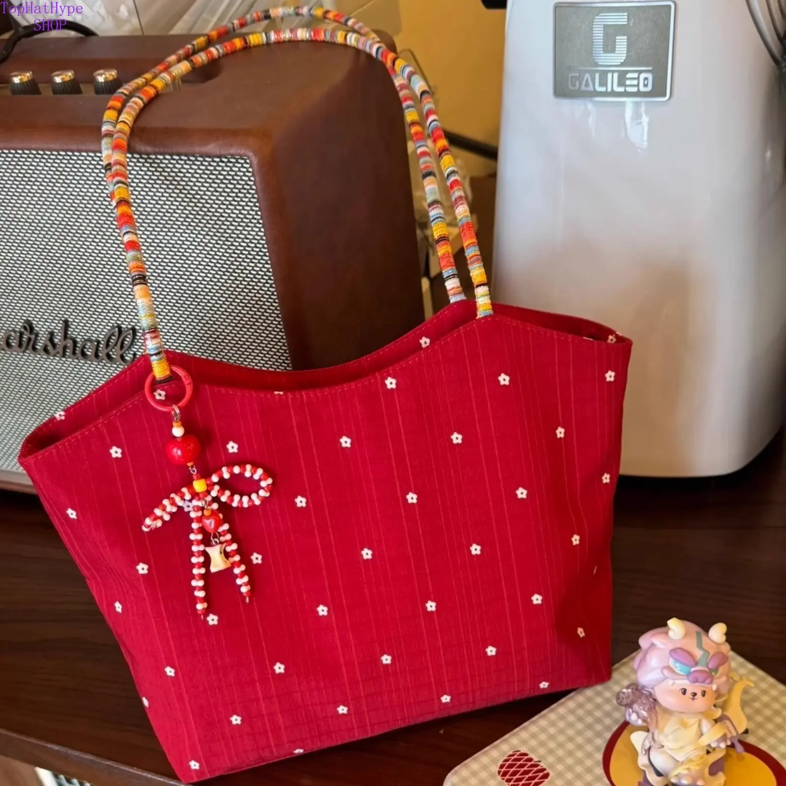 New Korean Style Red Floral Canvas Tote Bag for Women, Color Block Woven Shoulder Bag, Large Capacity Commute Handbag & Shopping Bag, Casual All-Match Design Perfect for Work, School, Travel, Shopping and Daily Street Style Outfits
