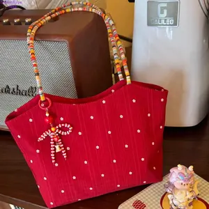 New Korean Style Red Floral Canvas Tote Bag for Women, Color Block Woven Shoulder Bag, Large Capacity Commute Handbag & Shopping Bag, Casual All-Match Design Perfect for Work, School, Travel, Shopping and Daily Street Style Outfits