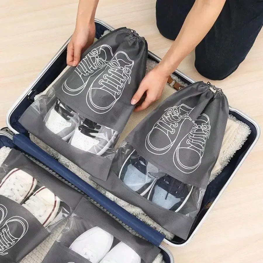 Black Classic Woven Drawstring Storage Bags, Men & Women Large Shoe Bags, Transparent Drawstring Pockets for Travel & Clothing Sorting