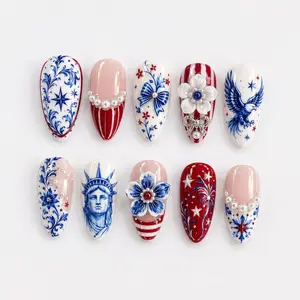 Handmade American Flag Press On Nails | Red Blue Pearl Star Patriotic Set