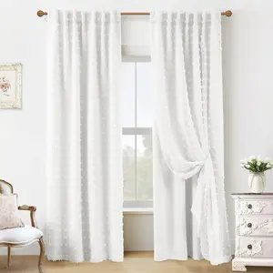 White Blackout Pleated Ruffle Curtains for Bedroom with,Room Darkening Pom Pom Textured Ruffled Farmhouse Boho French Decorative Curtains for Living Room 84 Inches Long