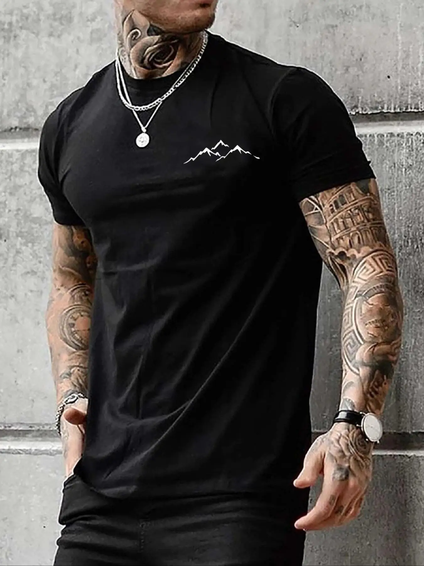 Men's Mountain Print Round Neck Tee, Casual Summer Clothes Street Regular Fit Short Sleeve T-shirt For Summer, Men's Clothes For Daily Wear