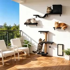 5-in-1 Indoor Cat Wall Mounted Furniture Set – Multi-level floating cat shelves integrated with a cozy bed, enclosed cave, scratching post and resting perch. This wall-mounted climbing structure saves floor space and blends naturally with home decor