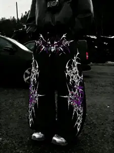 Men's Thorn Symmetry Loose Wide Leg Pants, Death Metal Print, Soft Cotton Blend, Y2K Grunge Style, Casual Streetwear, Drawstring Waist