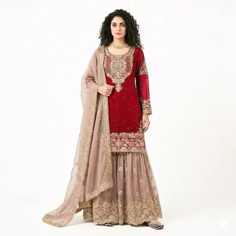 Women's Traditional Indian Bridal 1-Piece Full-Length Evening Gown, Ethnic Heritage-Inspired Bride's Attire, Elegant Fit All-Seasons Womenswear Wedding Dress