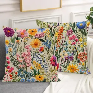 2PC 2D Print Vibrant Wildflower Throw Pillow Covers Colorful Floral Print Decorative Cushion Cases Boho Botanical Flower Pillowcases with Hidden Zipper for Sofa Couch Bedroom Living Room