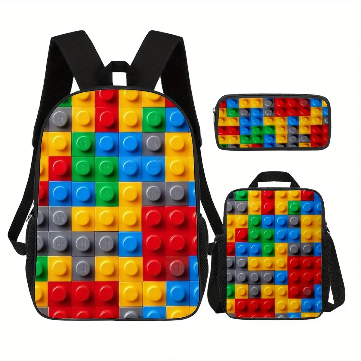 3Pcs Colorful Building Blocks Print Backpack Set Durable 600D Oxford Cloth School Bag Insulated Lunch Box & Pencil Case Combo Adjustable Breathable Strap Large Capacity Fits 15in Laptop for Kids Teens School Travel Outdoor Use