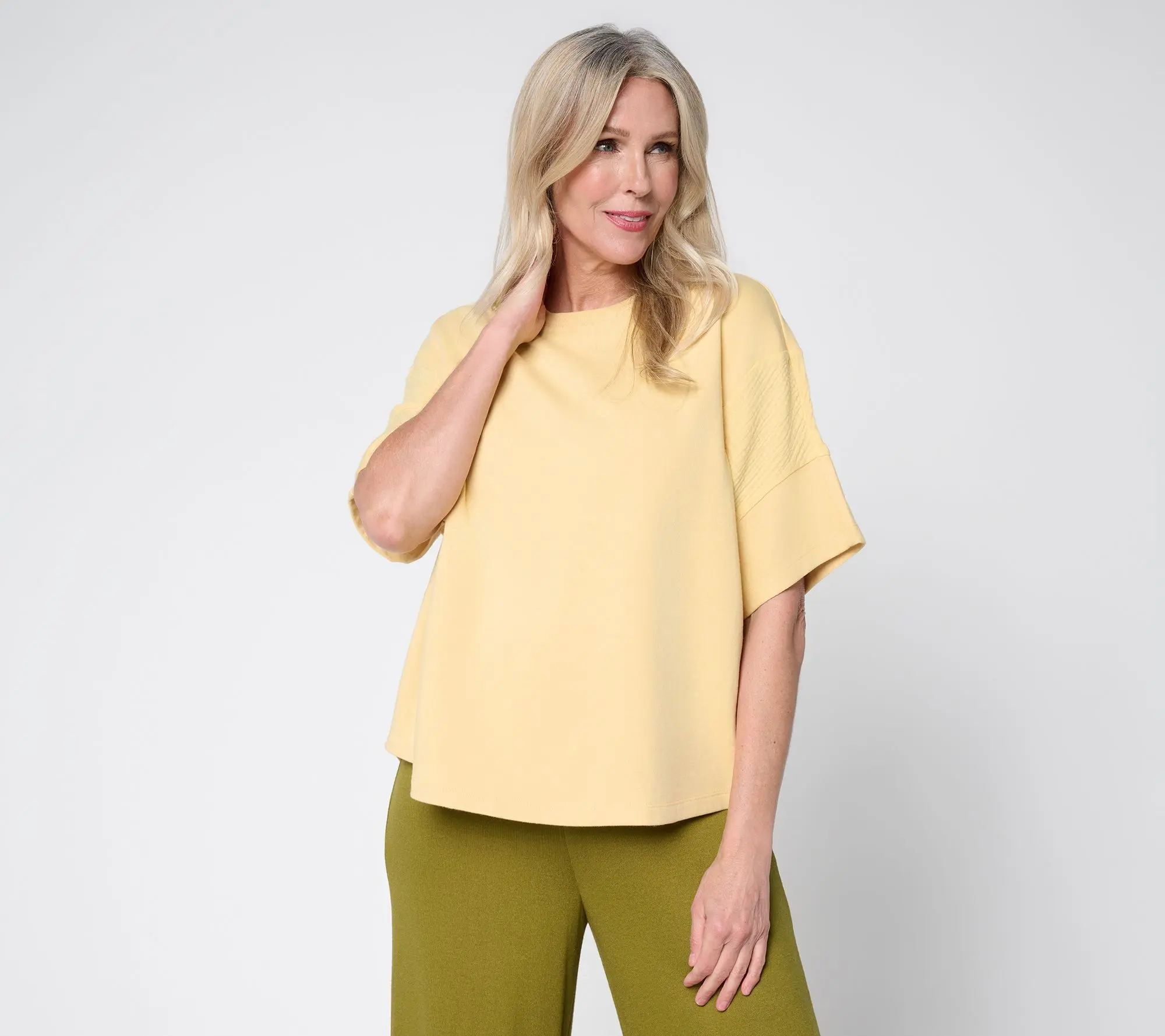 Peace Love World Mixed Media Crew Neck Short Sleeve Top