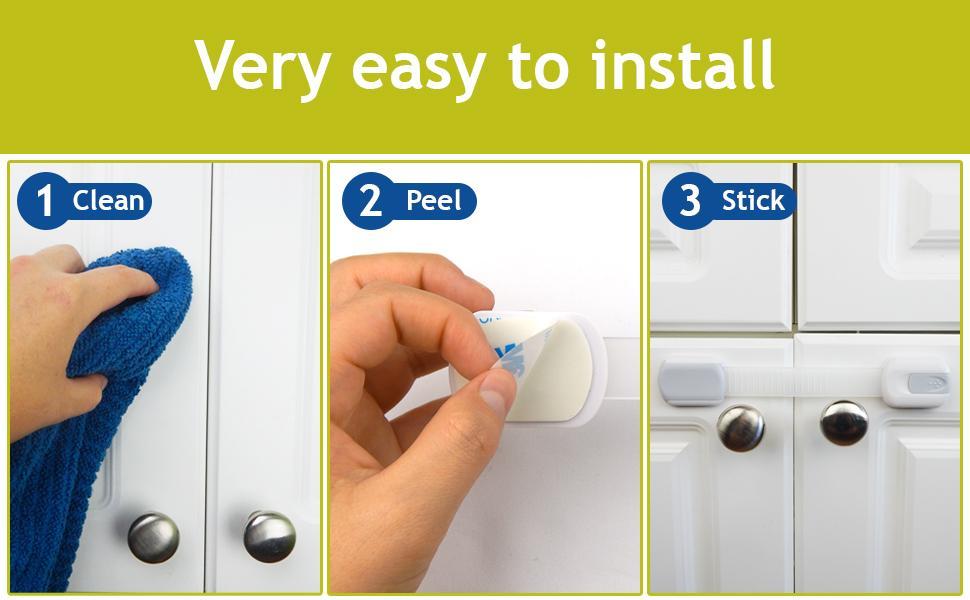 Baby Safety Cabinet Locks (10 Pack, Non-Toxic ABS & TPE) - 0-3 Years Toddler Protection, Flexible Retractable Adjustable Strap Length, Strong 3M Easy Peel-and-Stick Install, Blocks Access to Cleaners, Secures Fridge, Doors, Appliances, Trash