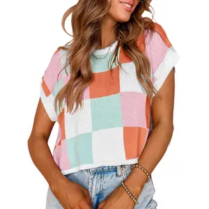 Danedvi Women's Color Block Knitting Crop Top - Fitted Cap-Sleeve, Round Neck, Summer Trendy Fabric Knit Top, Casual Knitwear for Women, Crop Tops For Women