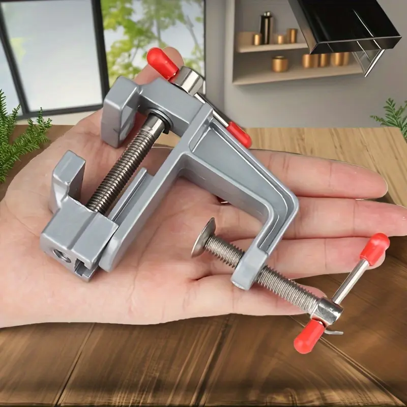 2pcs Portable Mini Jeweler's Bench Vise - Aluminum Alloy Clamp-On Table Clamp for Crafts, Woodworking & Metalworking, No-Marring Positioning Pliers, Grey with Red Handles, Compact Design for Home Use