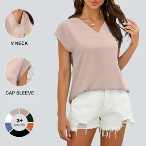 Imily Bela Women's V Neck Chiffon Blouses Cap Sleeve Shirts Casual Loose Work Office Solid Tops Chic Polyester