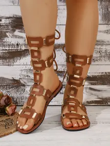 2026 Summer Fashion Tie-Back Roman Sandals, Metal Decorative Hollow Out Flat Back Tie Sandals, Elegant Design for Daily Wear and Special Occasions, Footwear