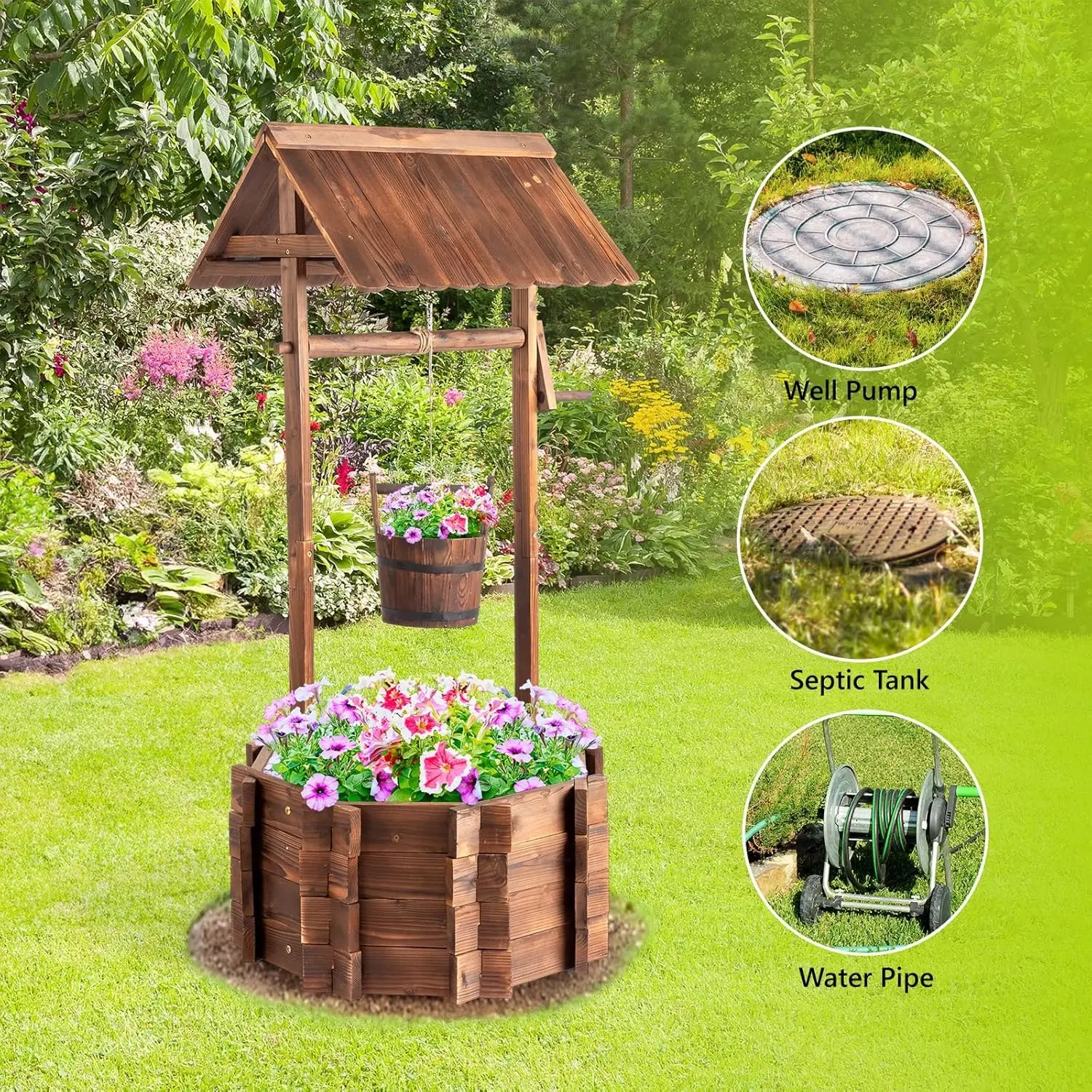 Wooden Wishing Well Garden Planter Rustic Outdoor Flower Pot Planter Box for Patio Lawn Yard Porch, Vintage Farmhouse Decorative Plant Stand, Perfect Meaningful Gift for Wedding Christmas Anniversary Housewarming Birthday, All Seasons Home Garden Decor