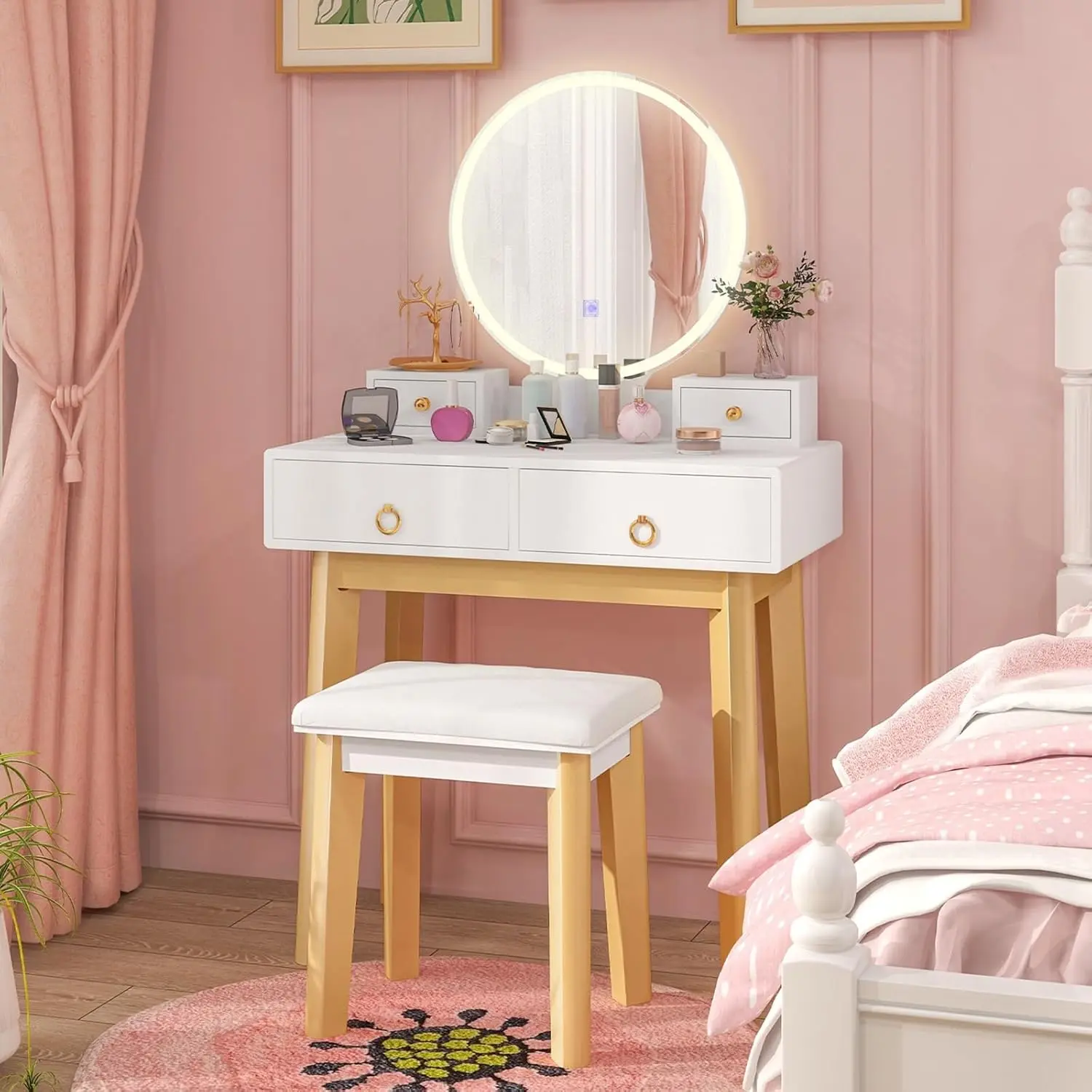 CHARMAID Vanity Desk with LED Mirror & 3 Lighting Modes, White Makeup Table with 4 Drawers, Adjustable Brightness, Modern Dressing Table & Stool for Girls' Small Bedroom, Pine Wood Legs, Anti-Slip Pads, Anti-Tip Device