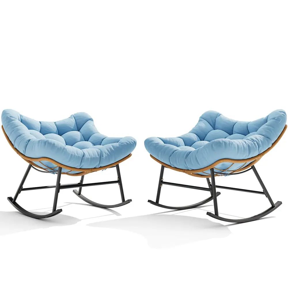 Sikaic 2PCS Outdoor Rattan Rocking Chair with Thick Cushion Modern Indoor Patio Papasan Rocker, Comfy Wicker Reading Lounge, Indoor Egg Chair for Bedroom, Living Room, Balcony, Porch, Backyard, Garden, Lawn