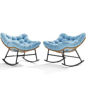 Sikaic 2PCS Outdoor Rattan Rocking Chair with Thick Cushion Modern Indoor Patio Papasan Rocker, Comfy Wicker Reading Lounge, Indoor Egg Chair for Bedroom, Living Room, Balcony, Porch, Backyard, Garden, Lawn