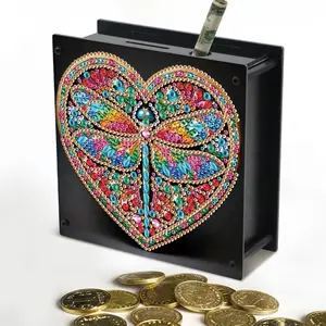 Heart Shaped Dragonfly Design Diamond Art Painting Piggy Bank, DIY Diamond Acrylic Money Box with 2 Coin Holes, Handmade Art Desktop Decorations