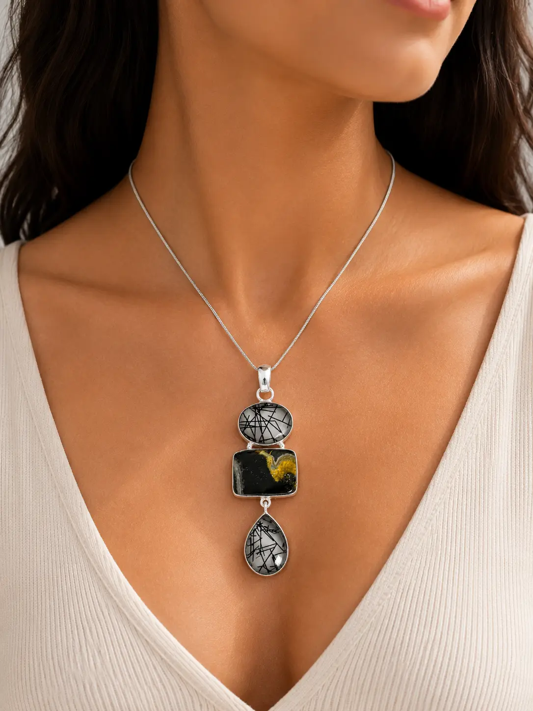 Black Tourmalinated Quartz & Bumble Bee Jasper Pendant