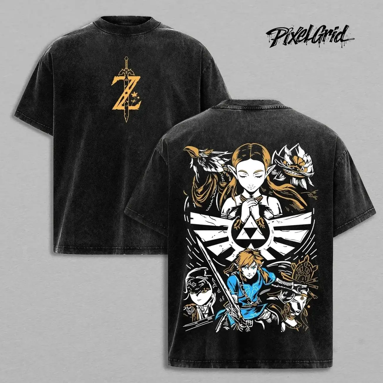 Zelda Tears of the Kingdom Washed T Shirt | Link Princess Zelda Midna Epona Triforce Graphic Tee | Hero of Hyrule Courage Wisdom Power Fantasy Game Streetwear Gift O8P