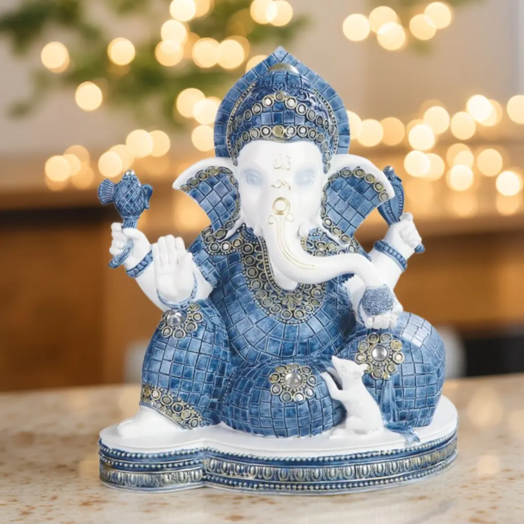 8.25"H Ganesh with Rat Figurine