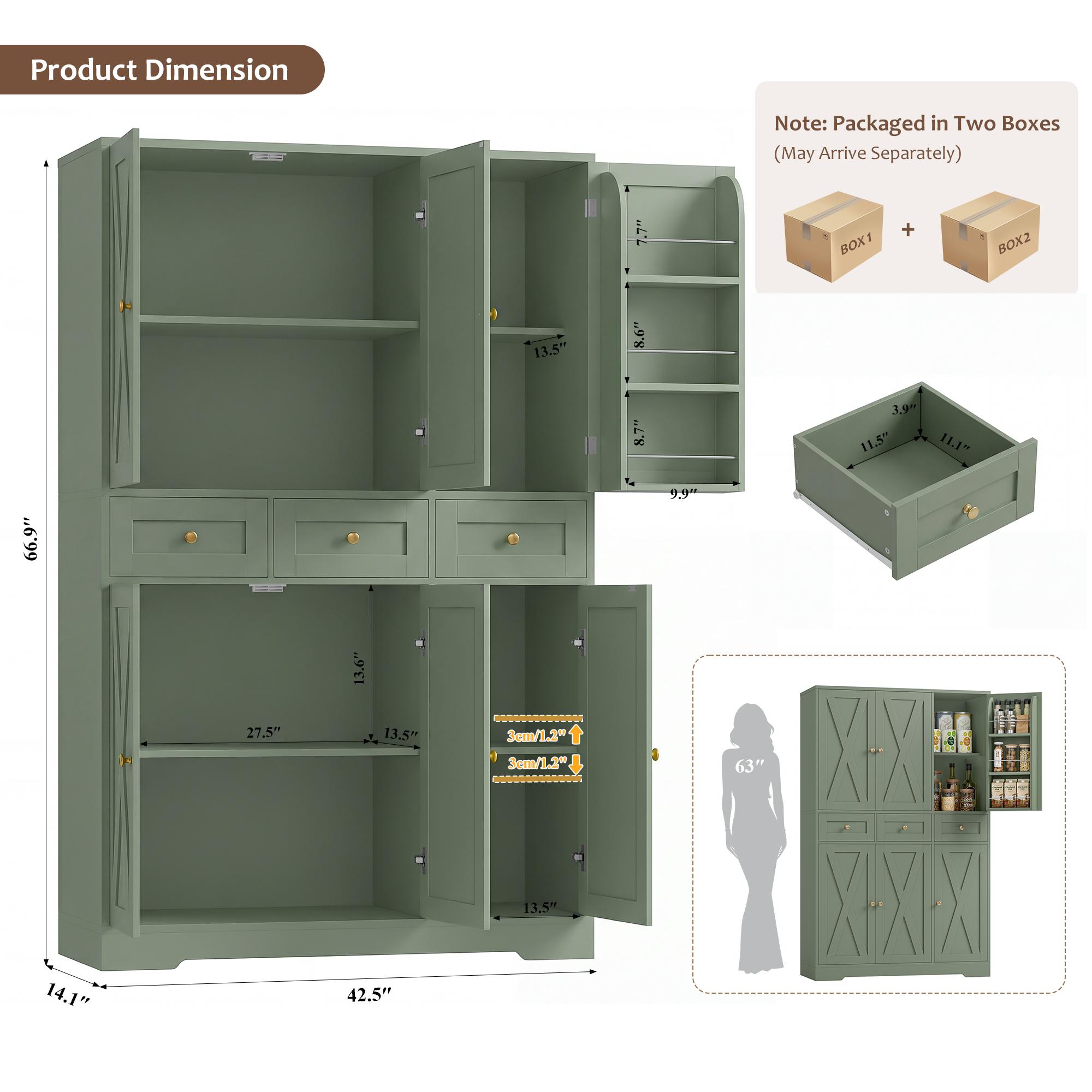 【2 packages shipping】HOSTACK Modern Farmhouse Kitchen Pantry Storage Cabinet 67" H with Barn Doors 3 Drawers & 6 Spacious Cabinets for Dining Room Living Room