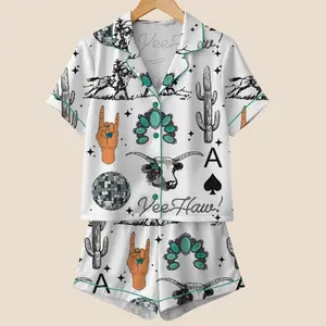 Cute Western Things Sublimation Cowgirl Spade Rodeo Satin Pajama Sets for Women, Western Print, Short Sleeve Top & Shorts, Comfortable Sleepwear, Loungewear Pajamas, Relaxing Sleeping Clothes, Soft Satin PJs