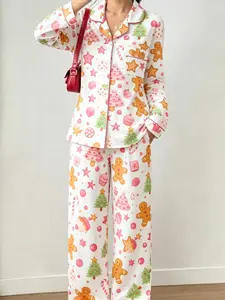 Women's Long-Sleeve Loungewear Pajama Set - Santa Claus & Snowman Print - Sweet, Adorable, Year-Round Home Wear
