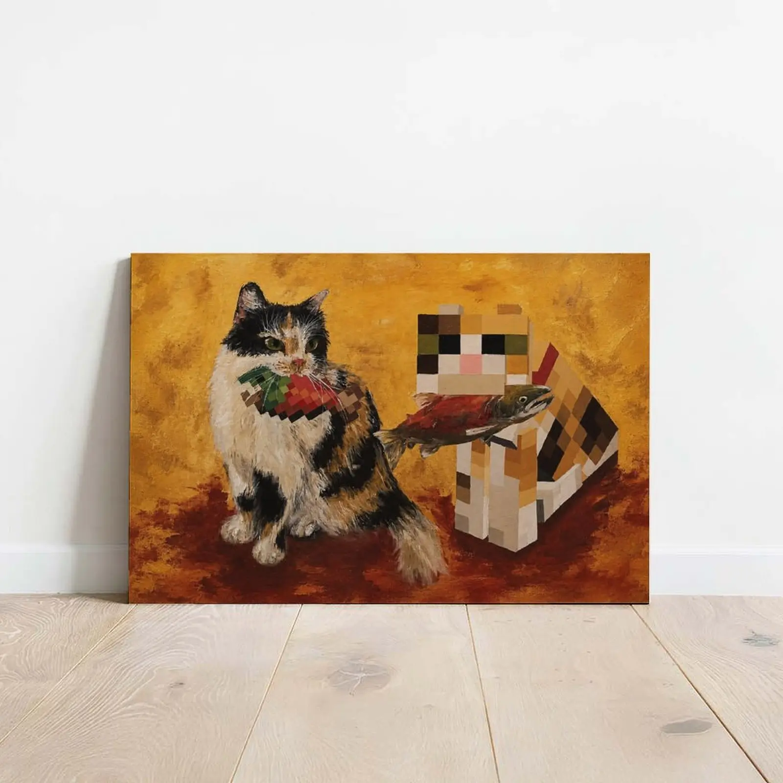 Pixelated Game Cat Oil Painting Parody Canvas Wall Art Print Minecraft Block Cat Real Fish Swap Canvas Poster Humorous Pet Graphic Picture Design Painting Decor for Living Room Bedroom Gaming Setup Wall Decoration Artwork