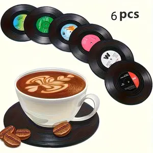 6-Piece Retro Vinyl Record Coasters - Non-Slip Heat-Resistant Drink Mats with Colorful Classic Label Design, Durable Table Protectors for Coffee/Wine, Decorative Home/Cafe/Restaurant Bar Mats
