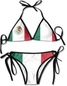 Flag of Mexico Sexy Boxing Bikini Women Halterneck Top and Set Swimsuits Beach Swimming, Black, One Size