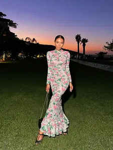 Styles by Faith Howard Women's Floral Print Ruffle Hem Bodycon Dress, Elegant Mock Neck Long Sleeve Gown for Party Holiday Wedding Guest, Ladies Fall & Winter Clothes, Elegant Dresses