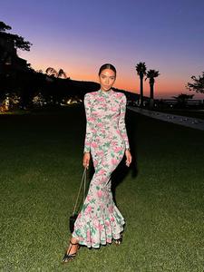 women's floral print ruffle hem longsleeves bodycon dress, chic elegant mock neck long sleeve gown for party holiday wedding guest, formal dress, ladies fall & winter clothes, birthday dress, womenswear, ball gown wedding dress