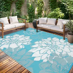 Outdoor Rugs,  Waterproof Patio Rug Floral Plastic Straw Rug Reversible Camping Mat, Portable RV Picnic Carpet with Bag & 4 Stakes, UV Resistant Outside Carpet for Deck Balcony