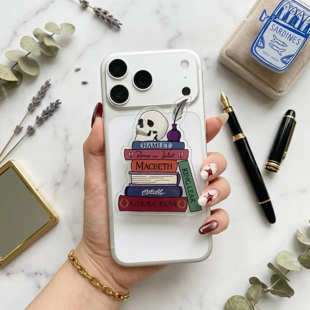 Literary Skull Phone Grip, Cute Book Lover Expanding Stand, Gothic Reading Support Accessory For Teens Adults, Smartphone Case Holder
