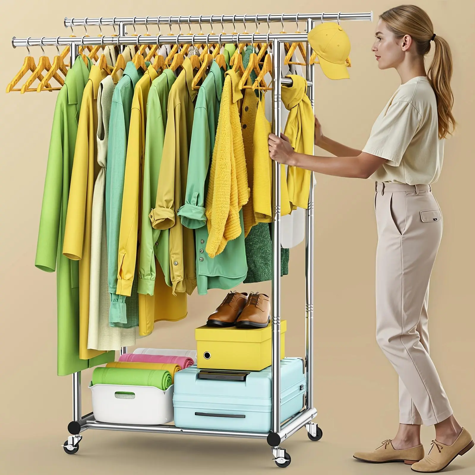 Sturdy Metal Double Rodding Clothes Rack With Wheels, Portable Clothing Rack With Shelves & Hooks, Heavy Duty Garment Racks For Hanging Clothes, Multi-Functional Closet Rack For Bedroom, Black