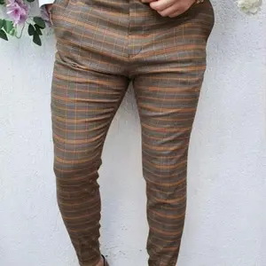 Men's Slim Fit plaid Trousers / brown ,orange and gray geometric pattern casual work  wear for office  and party ,  high elastane fabric.label size: M