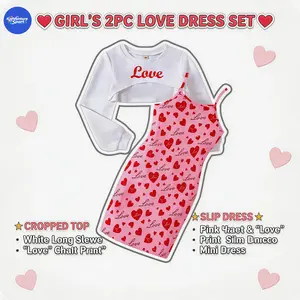 KVS Girls' Cotton 2-Piece Spring & Summer girl Set - Short Top and Heart-Strap Dress, Medium & Large Sizes, Fashion Teen Kid Clothing,girls outfits