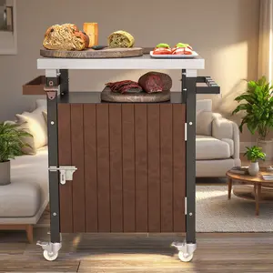 Outdoor Grill Cart with Stainless Steel Tabletop, Storage, Patio Kitchen Island with Wheels, Hooks, and Spice Rack, Waterproof Outdoor Grill Table, Movable BBQ Serving Cart Rolling Bar Cart