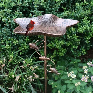Outdoor Vertical Iron Bird Feeder Bowl, Antique Copper Leaf Tray with Fish Decor, Dual-Use Bird Bath and Feeder, Garden Decoration