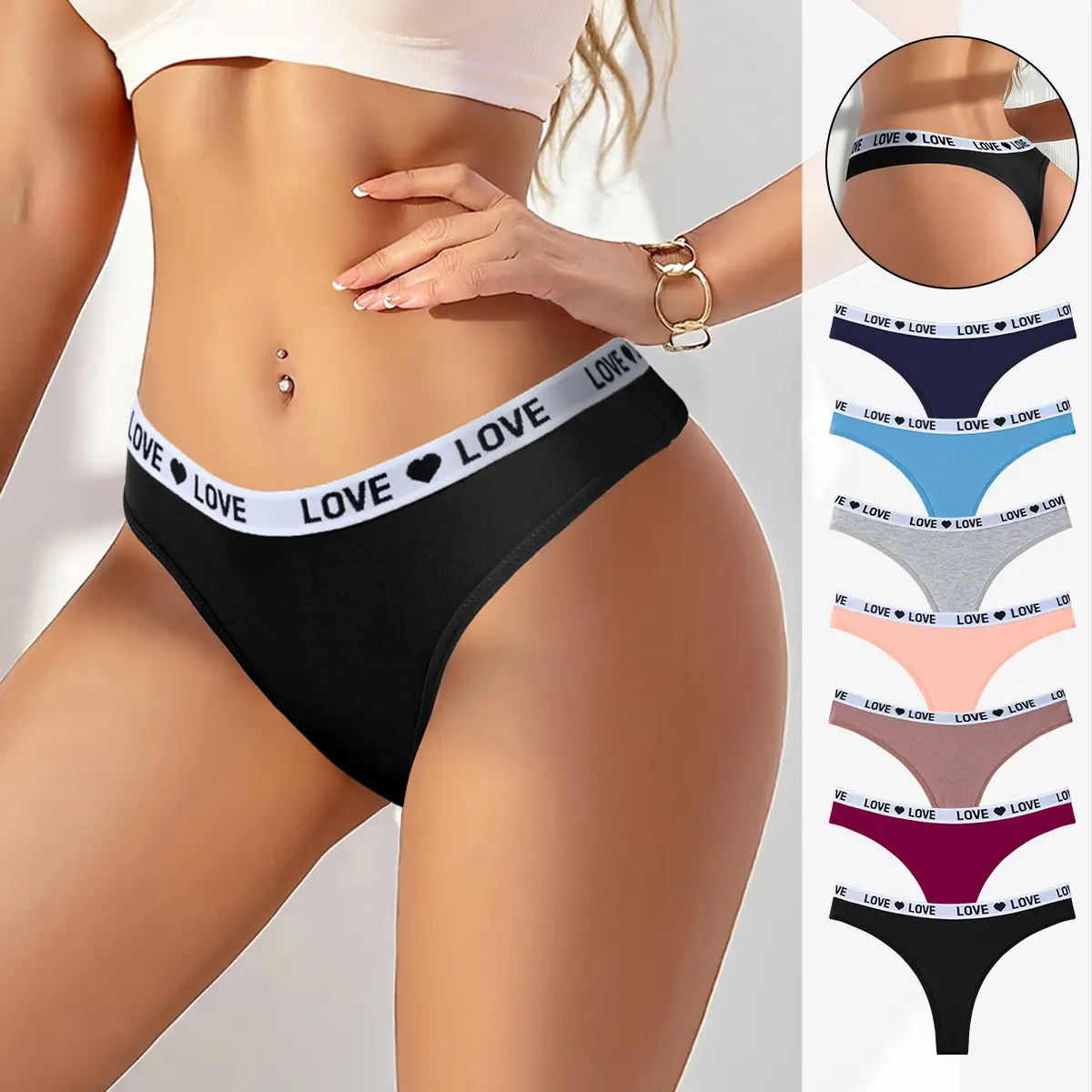 Hotcom Women's Low-Waist Solid Color Thong Panties Large Size 7-Pack Cotton Spandex Love Heart Waistband Comfortable Breathable Invisible Underwear Fa